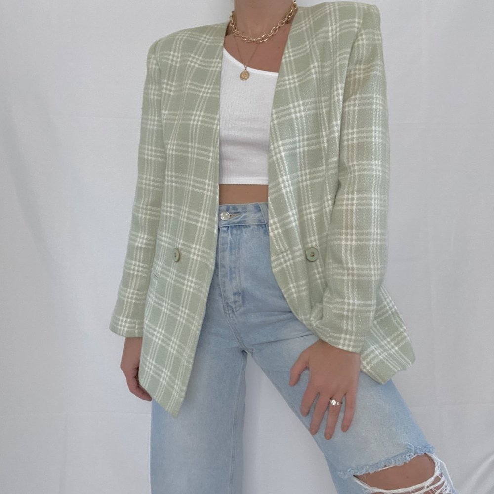 Vintage Pistachio & White Oversized Plaid Blazer - Picture 4 of 10